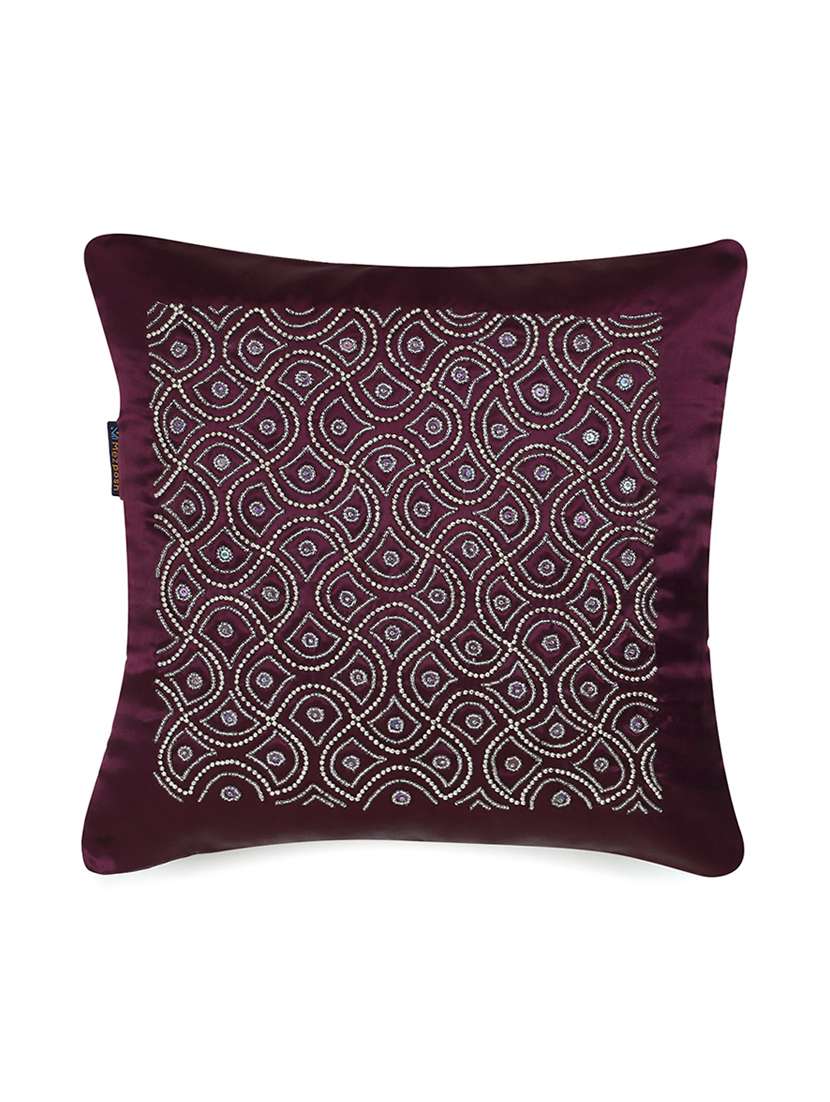Mezposh Dazzle Purple & Silver Ogee Embellished Satin Cushion Cover (16"X16")