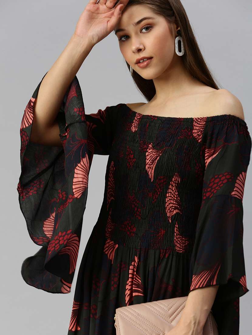 Off Shoulder Printed Fit & Flare Dress