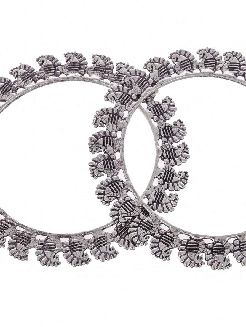 Set Of 2 Silver Toned Oxidised Bangles