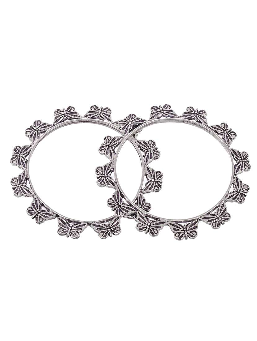 Set Of 2 Silver Toned Oxidised Butterfly Design Bangles