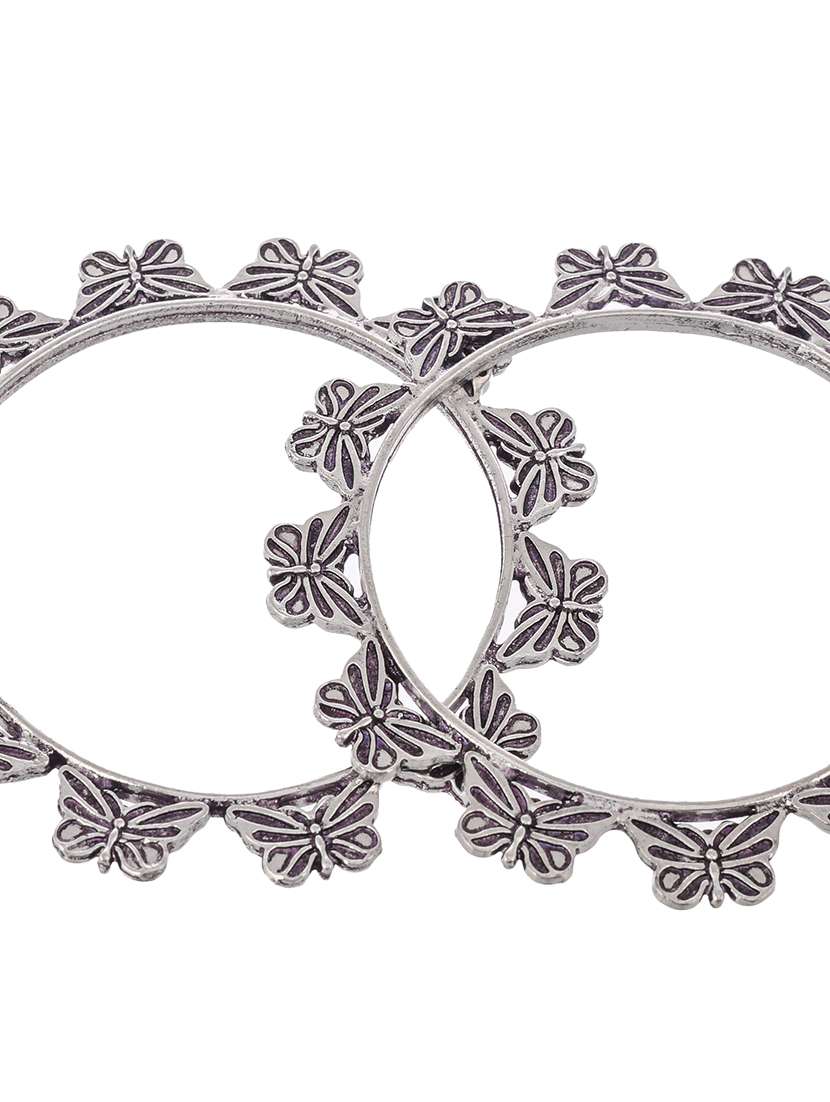Set Of 2 Silver Toned Oxidised Butterfly Design Bangles