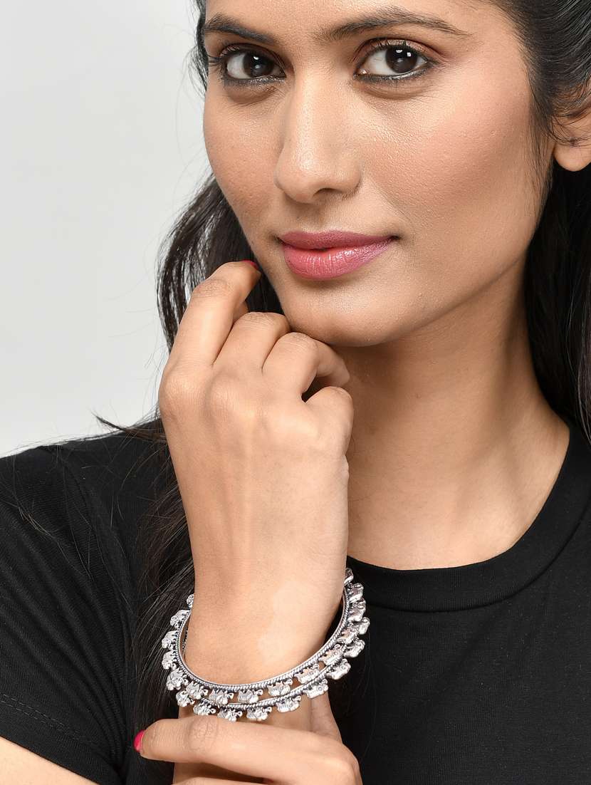Set Of 2 Silver Toned Oxidised Elephant Shaped Bangles