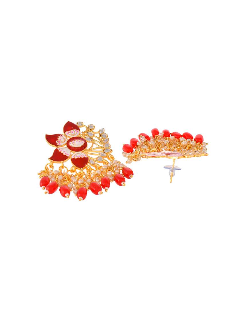 Gold Plated Red Toned Handcrafted Kundan Studded Floral Drop Earrings