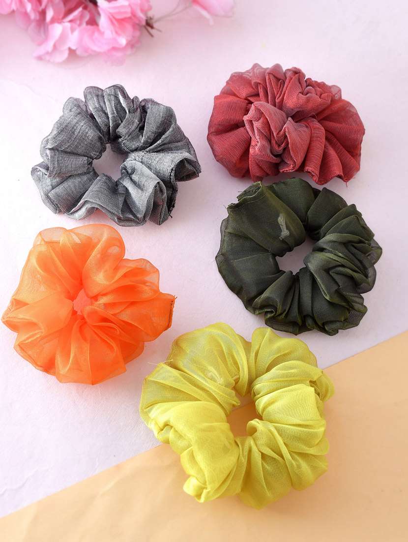 Set Of 5 Multi Colored Organza Scrunchies Ponytail Holders