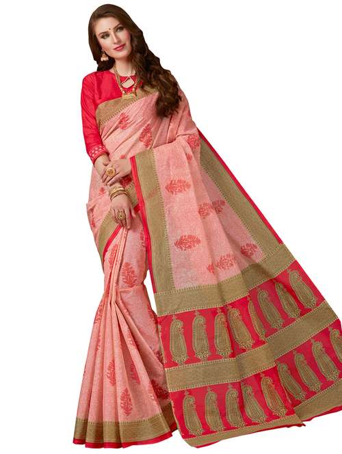 Women's Cotton Blend Pink Printed Designer Saree With Blouse Piece