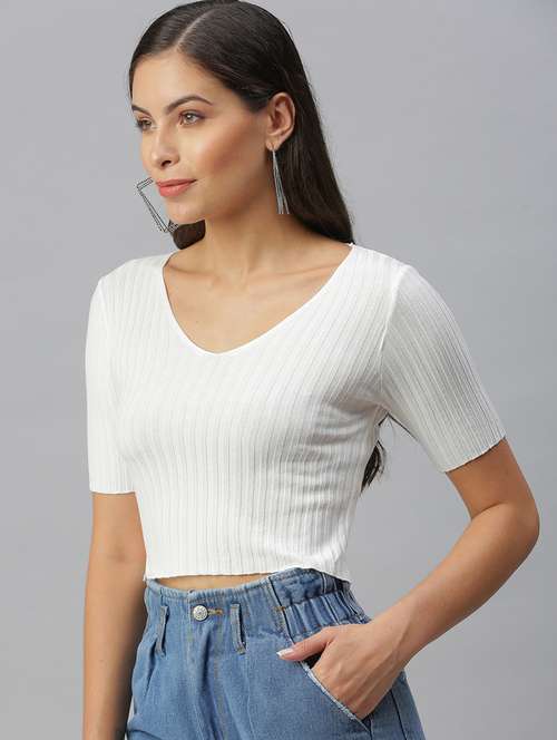 Women's White V-Neck Solid Crop Top