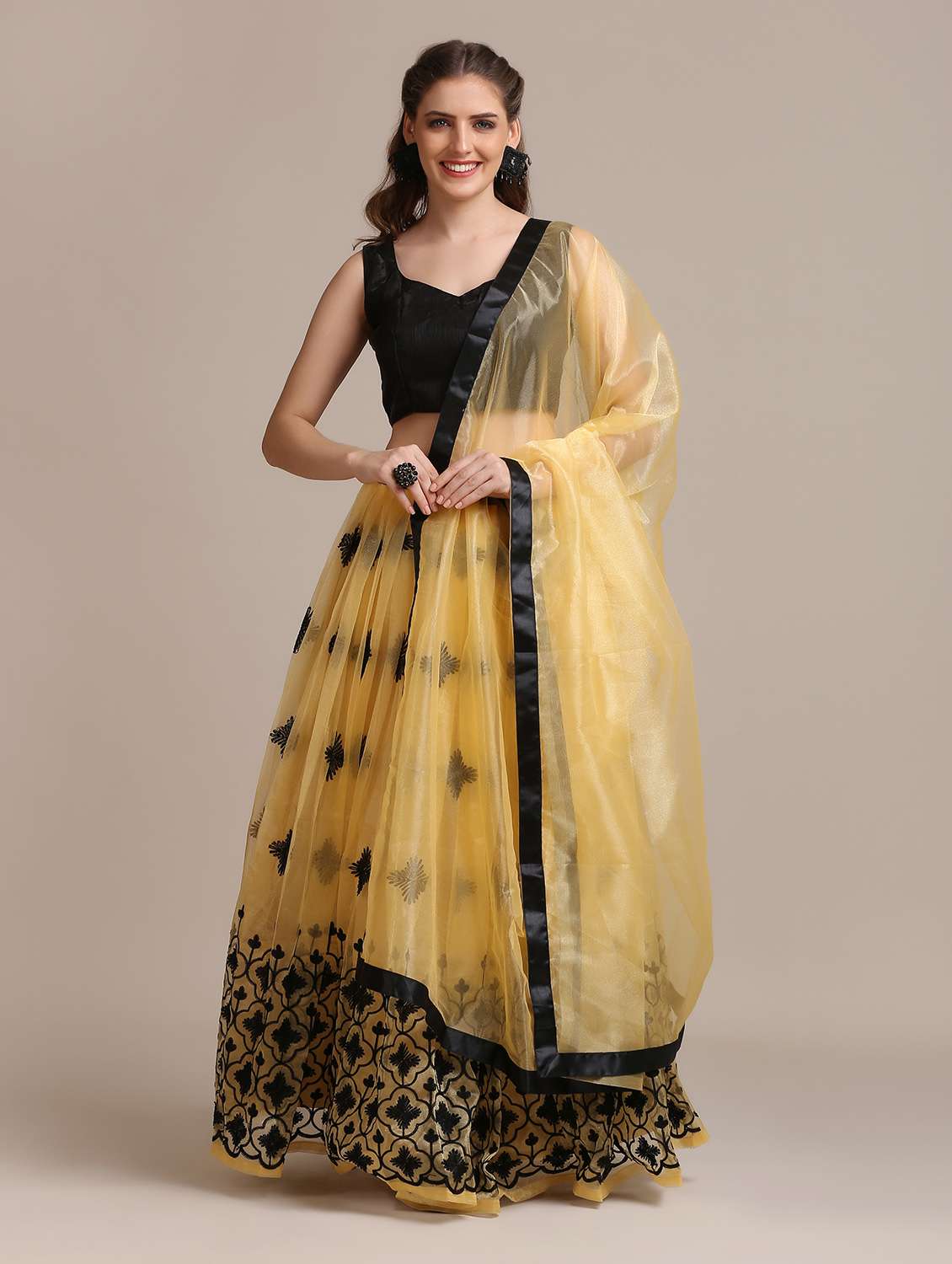 Beige Net Flared Lehenga