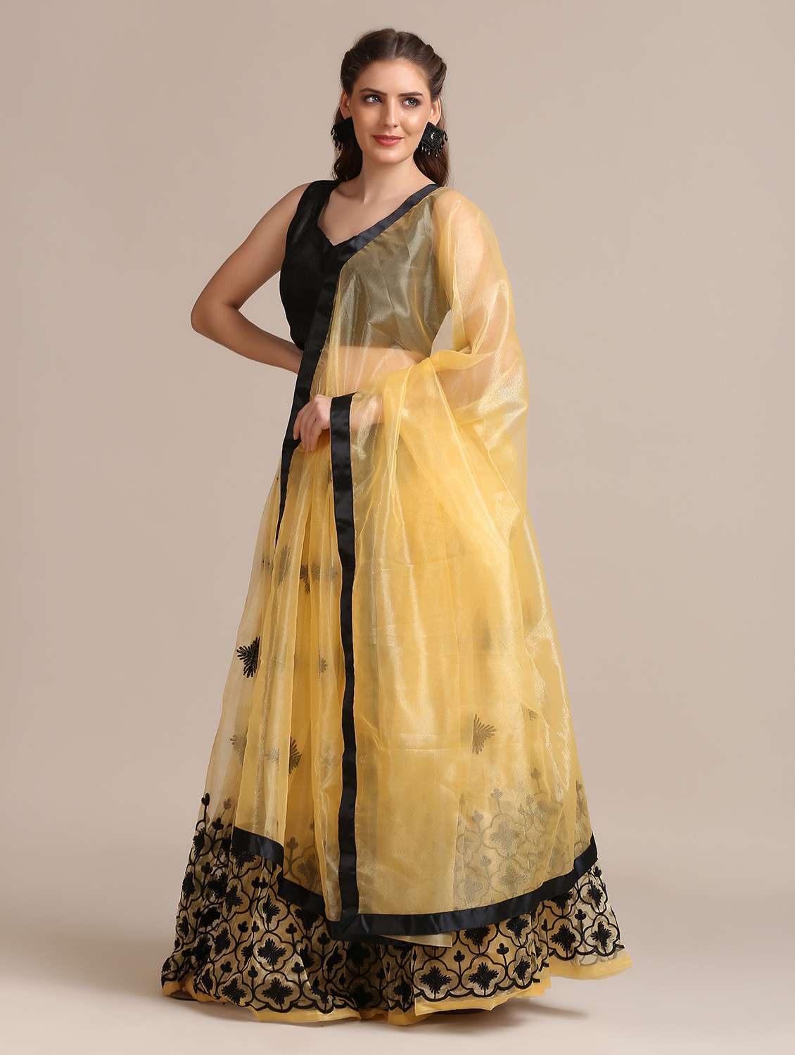 Beige Net Flared Lehenga