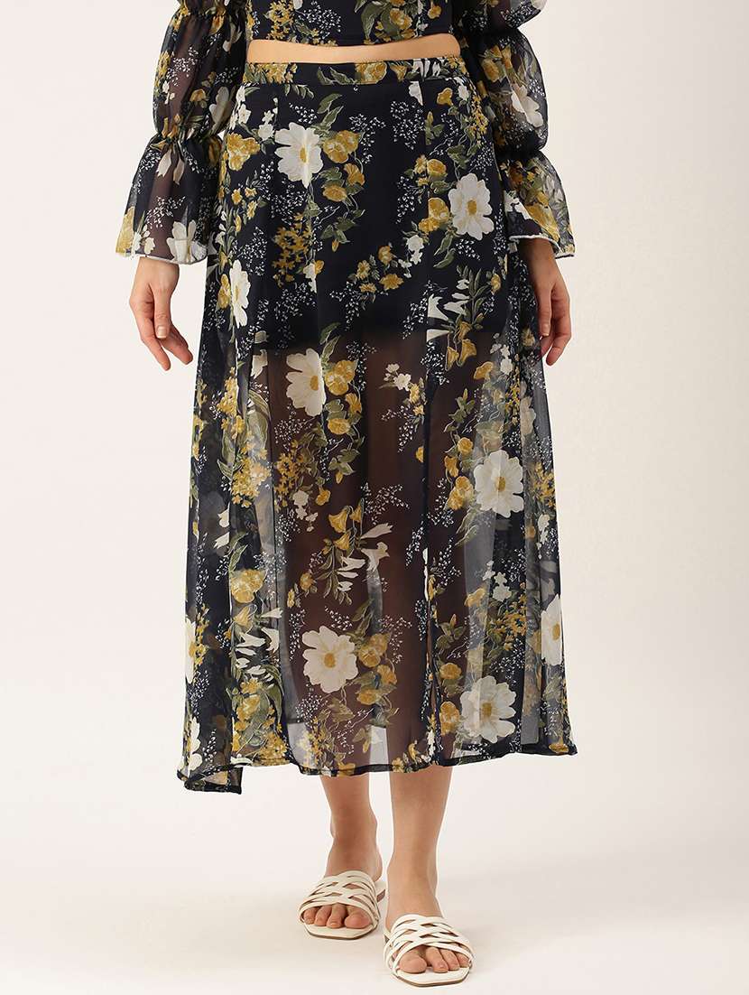 Mid Rise Floral Side Slit Skirt