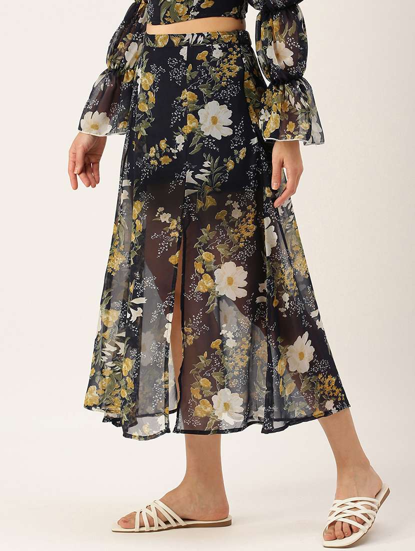 Mid Rise Floral Side Slit Skirt