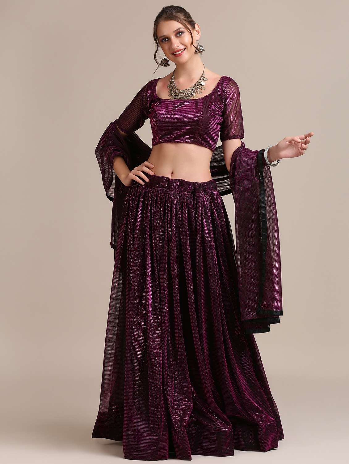 Wine Flared Semi Stitched Lehenga With Dupatta