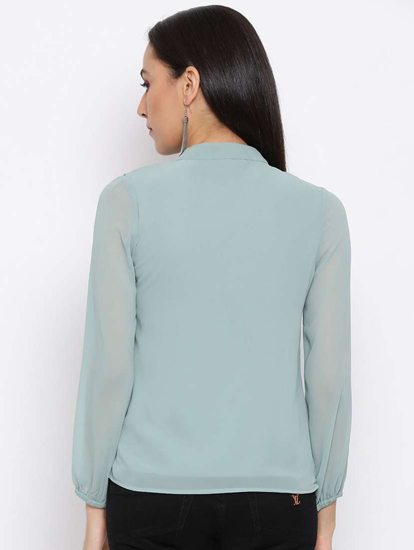 Women Sea Green Regular Fit Mandarin Neck Ruffled Top