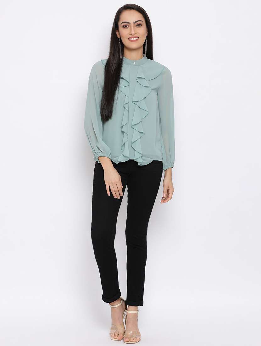 Women Sea Green Regular Fit Mandarin Neck Ruffled Top
