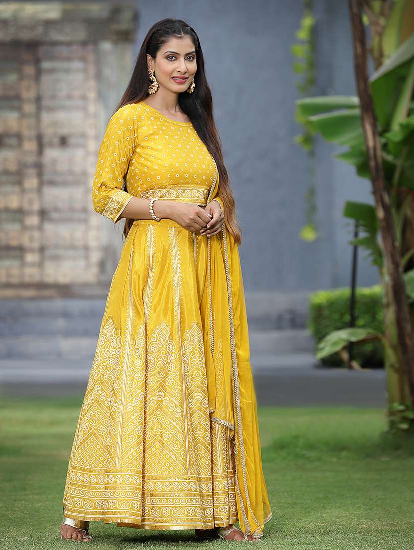 Yellow Foil Print Stitched Flared Lehenga Choli Set With Dupatta