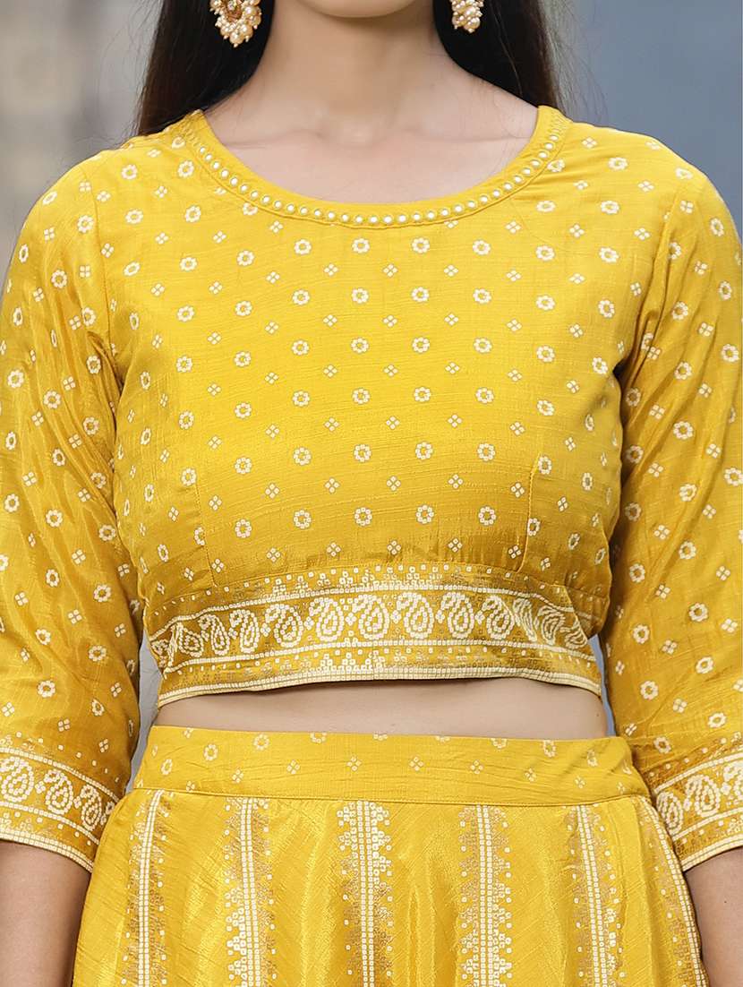 Yellow Foil Print Stitched Flared Lehenga Choli Set With Dupatta