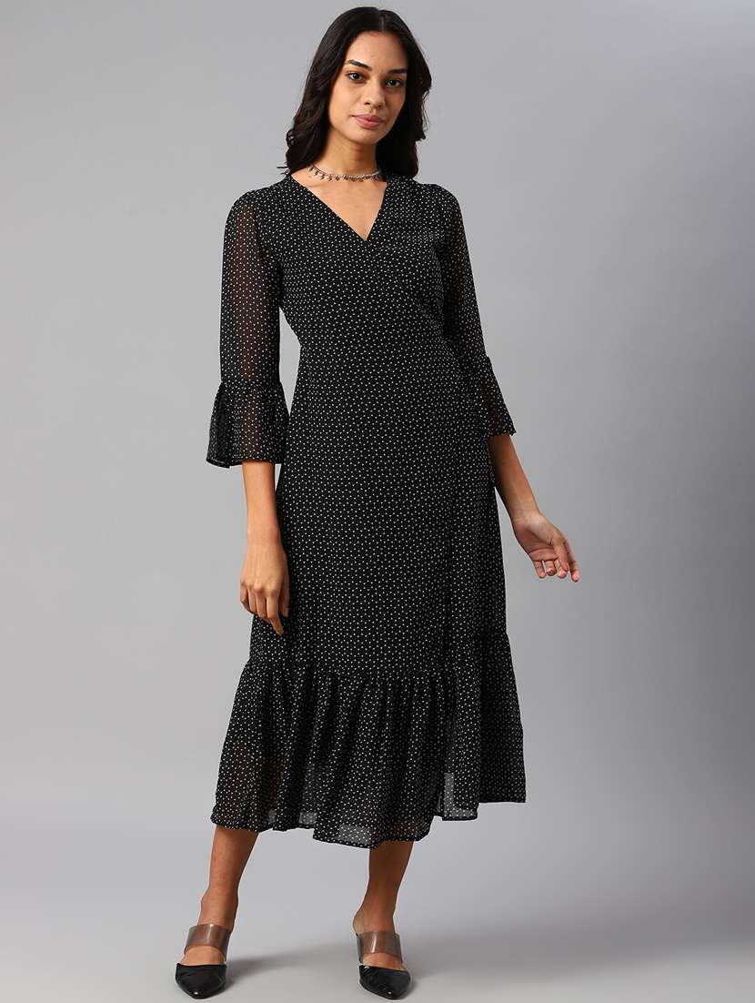 Women Black Printed Bell Sleeve Wrap Dress