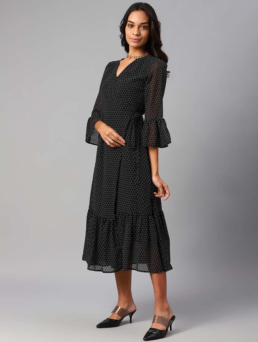 Women Black Printed Bell Sleeve Wrap Dress