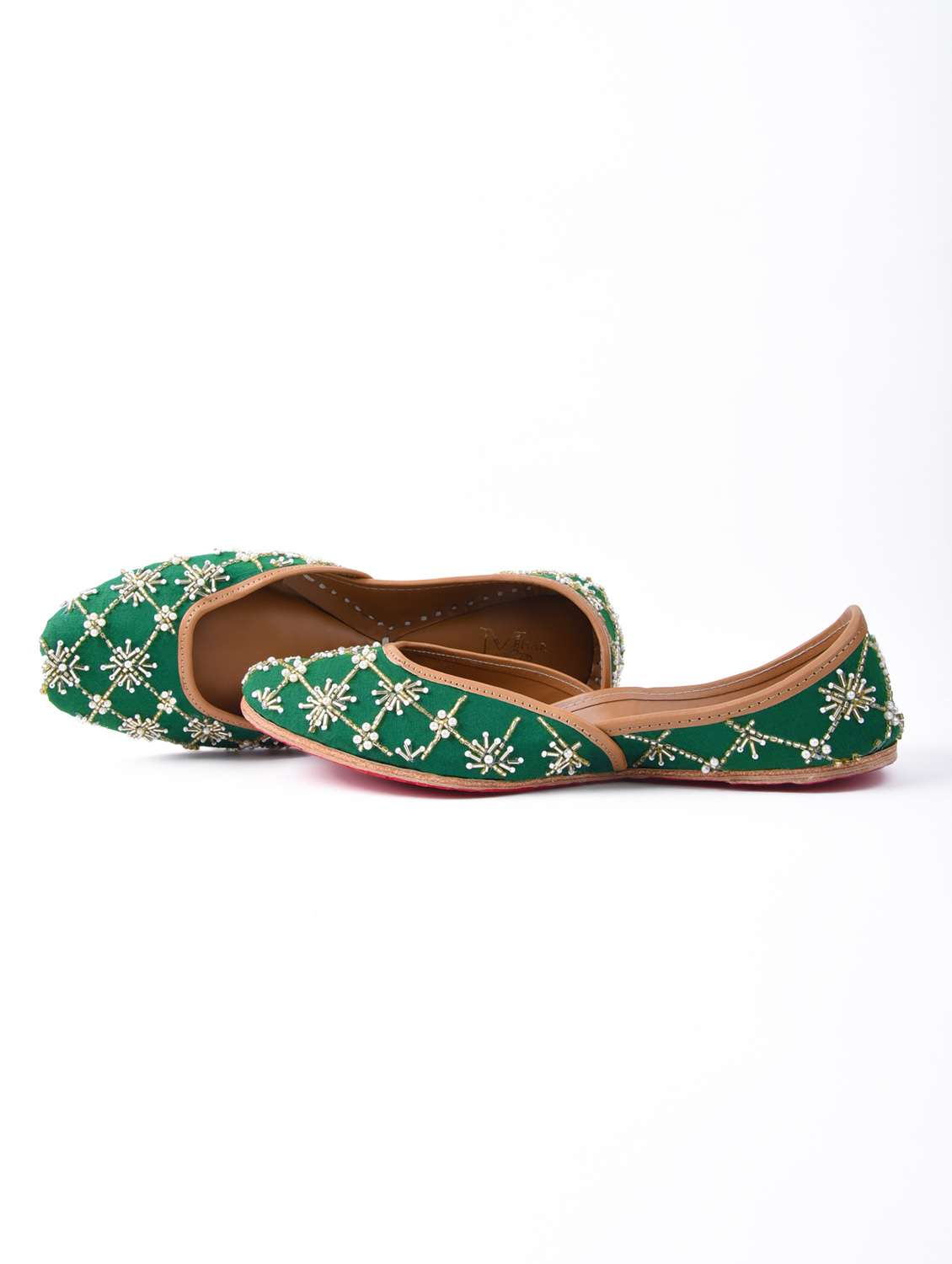 Buy online Women Embellished Bottle Green Slip On Mojaris from flats