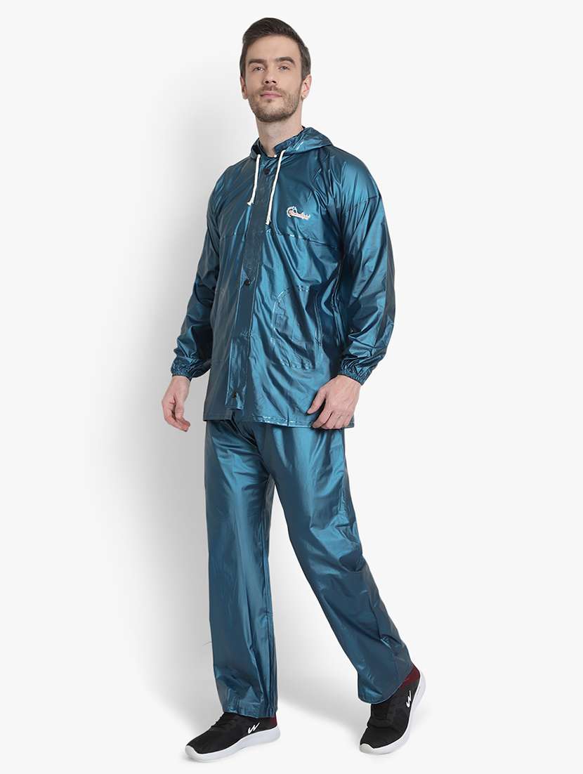 Buy online Teal Solid Hooded Rain Suit 