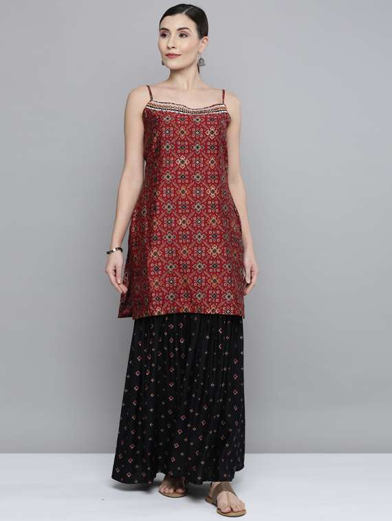 Girls Black Embroidered Kurta With Sharara