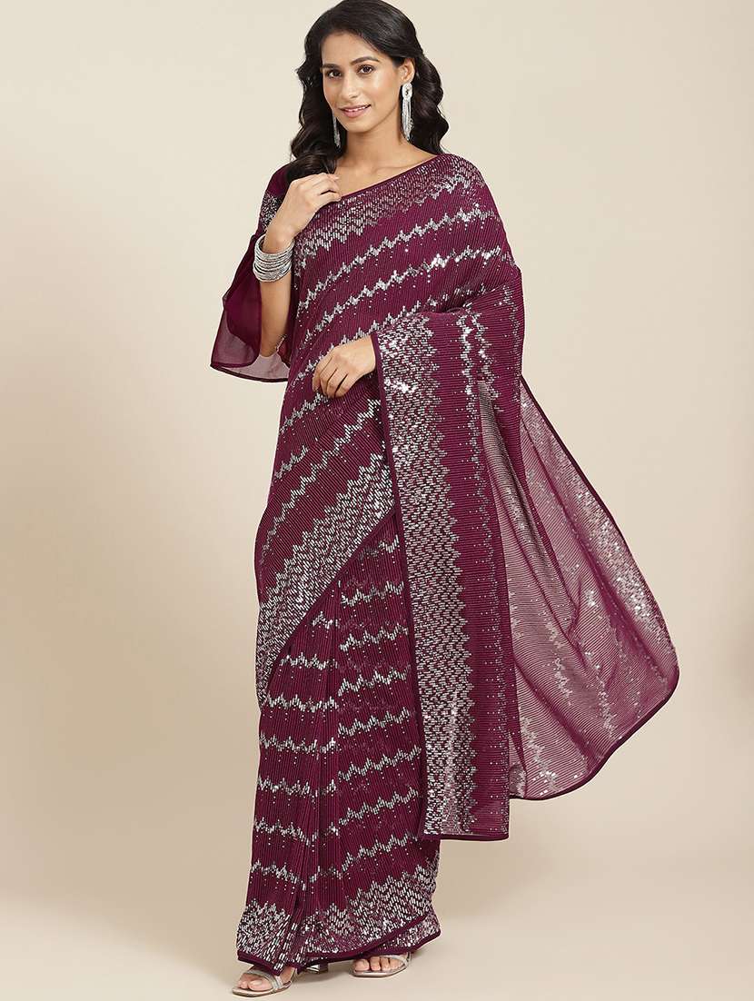 Purple Sequined Saree With Blouse