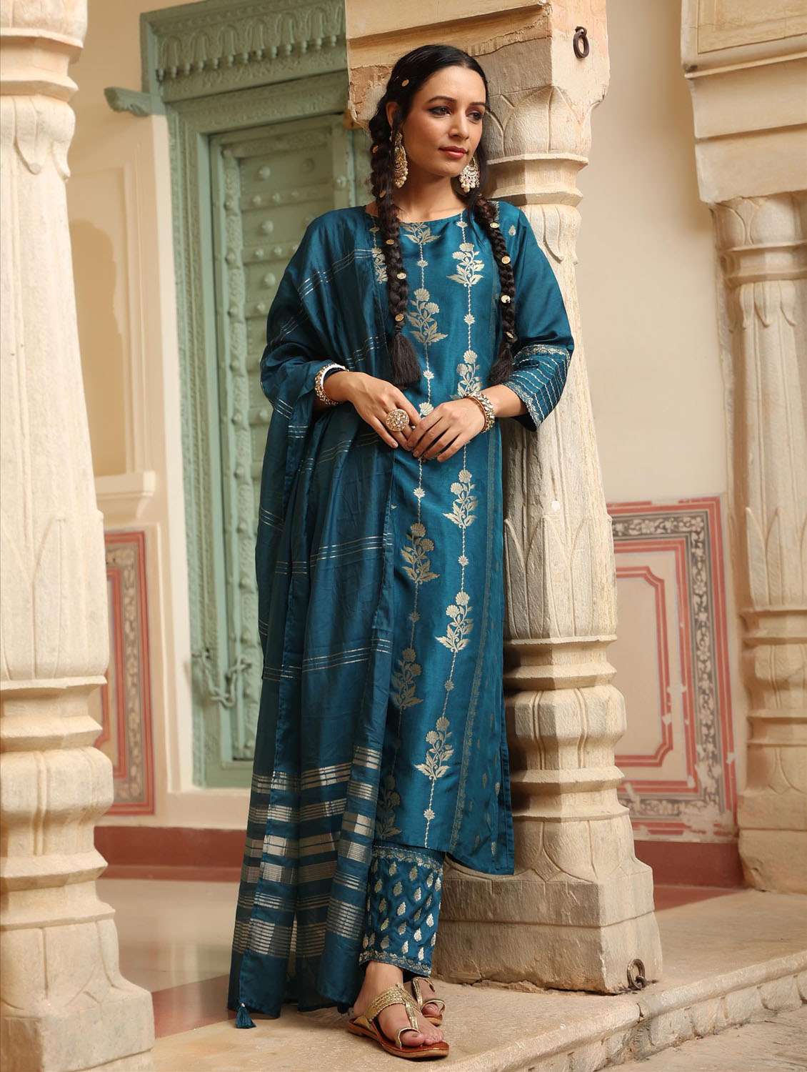 Buy online Gold Print Kurta Pant Set With Dupatta from ethnic wear for