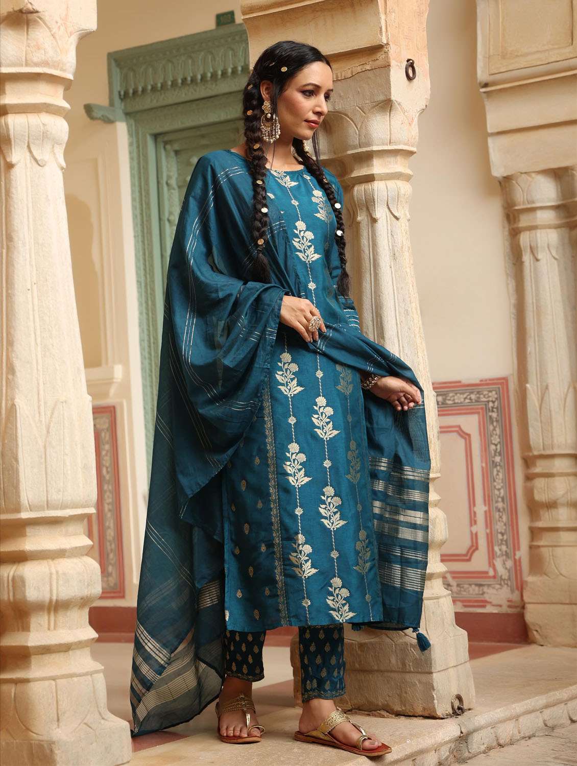 Buy online Gold Print Kurta Pant Set With Dupatta from ethnic wear for