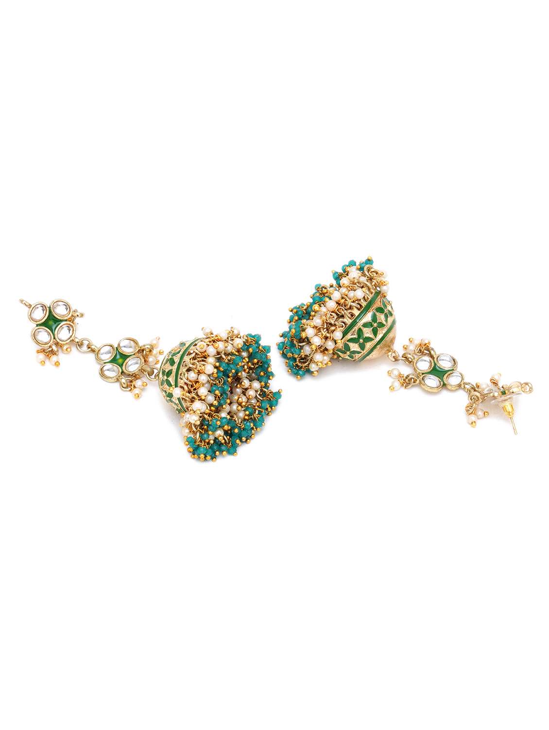 Gold Plated Green Meena Handcrafted Kundan Jhumka Earrings
