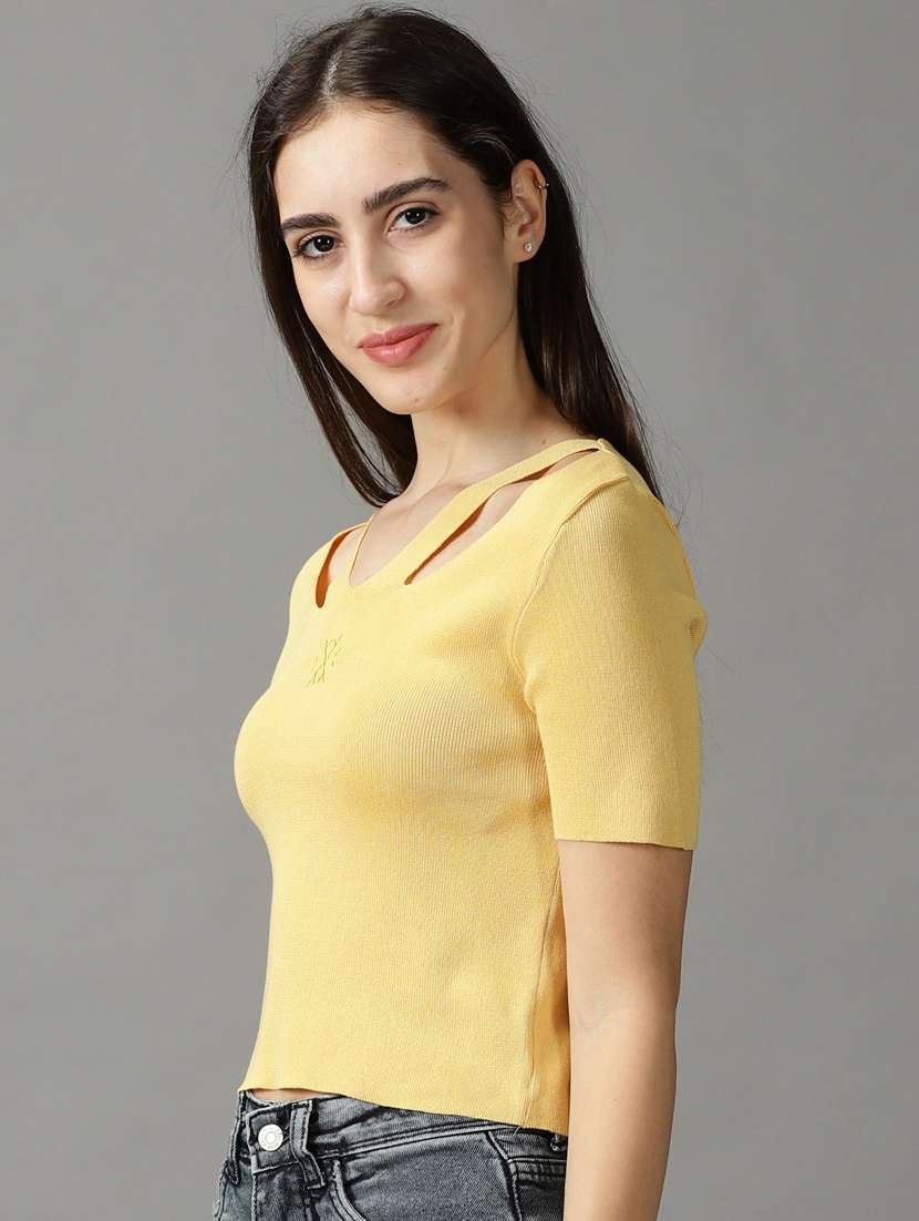 Buy online Yellow Poly Cotton Crop Top from western wear for Women by