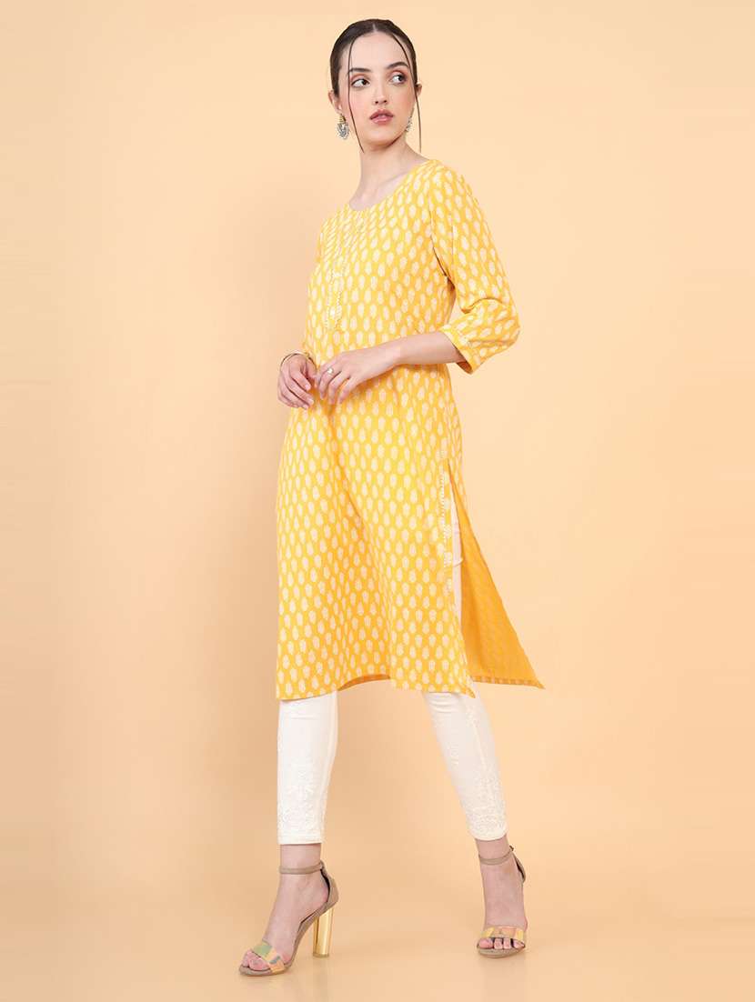 Buy online Mustard Printed Straight Kurta from Kurta Kurtis for Women