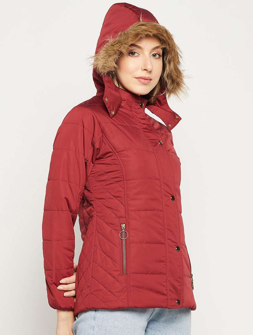 Buy online Red Quilted Hooded Jacket from jackets and blazers and coats