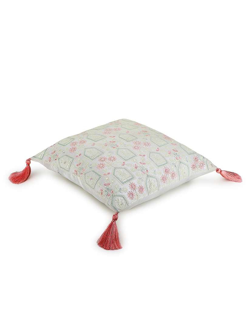 Mezposh Off White & Pastel Multi Ethnic Motifs Embroidered Faux Silk Cushion Cover (16"X16")