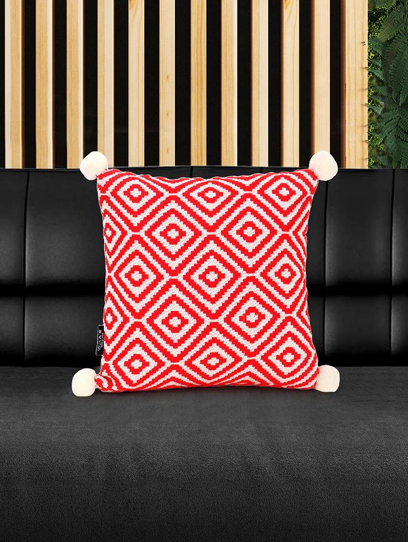Mezposh Red & Off White Diamond Embroidered Cotton Acrylic Cushion Cover (16"X16")