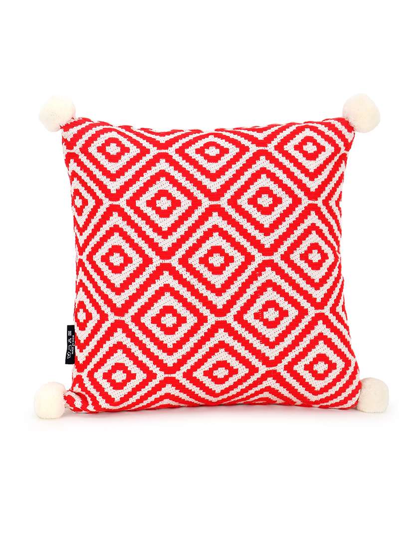 Mezposh Red & Off White Diamond Embroidered Cotton Acrylic Cushion Cover (16"X16")