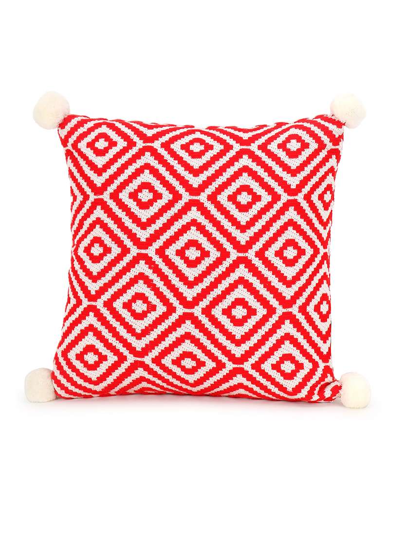 Mezposh Red & Off White Diamond Embroidered Cotton Acrylic Cushion Cover (16"X16")