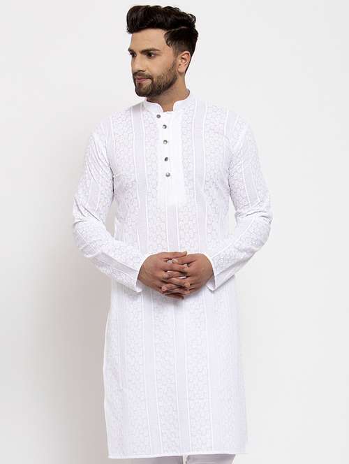 Men White Embroidered Long Sleeve Long Kurta