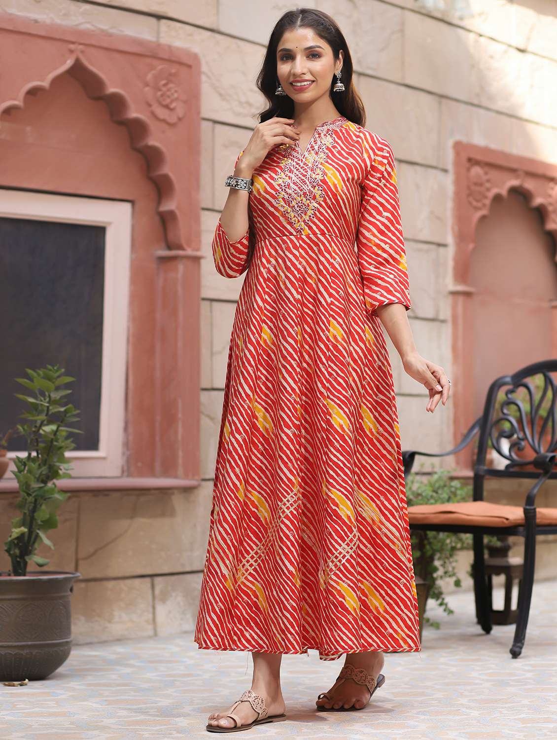 Buy online Red Cotton Flared Embroidered Kurti from Kurta Kurtis for