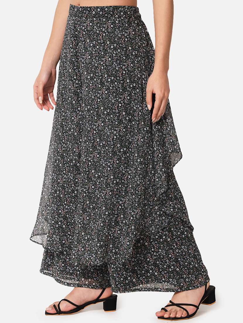 Black Florals Print Flared Palazzo