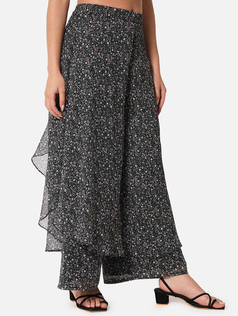 Black Florals Print Flared Palazzo