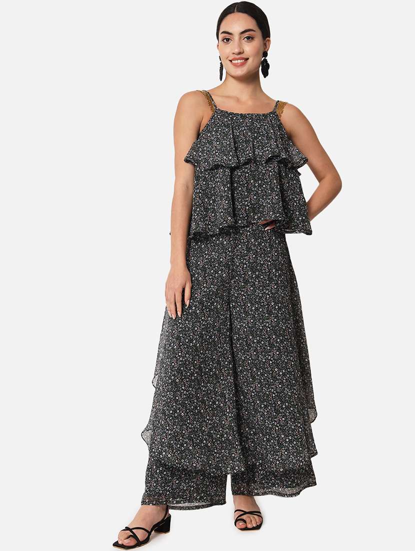 Black Florals Print Flared Palazzo