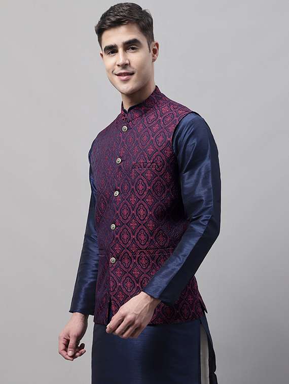 Men’s Purple Embroidered Nehru Jacket – Sleeveless Festive Layer