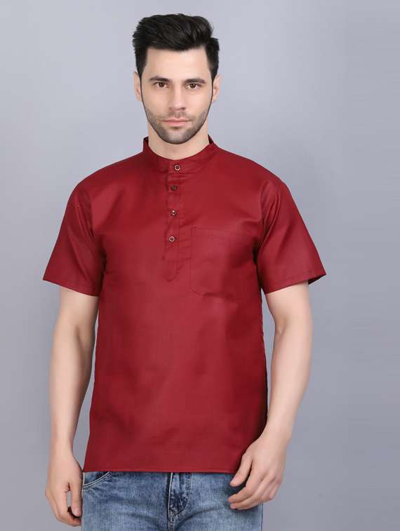 Buy online Maroon Cotton Blend Short Kurtas Kurta from top wear for Men