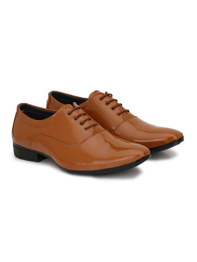 Tan Patent Leather Laceup Oxfords