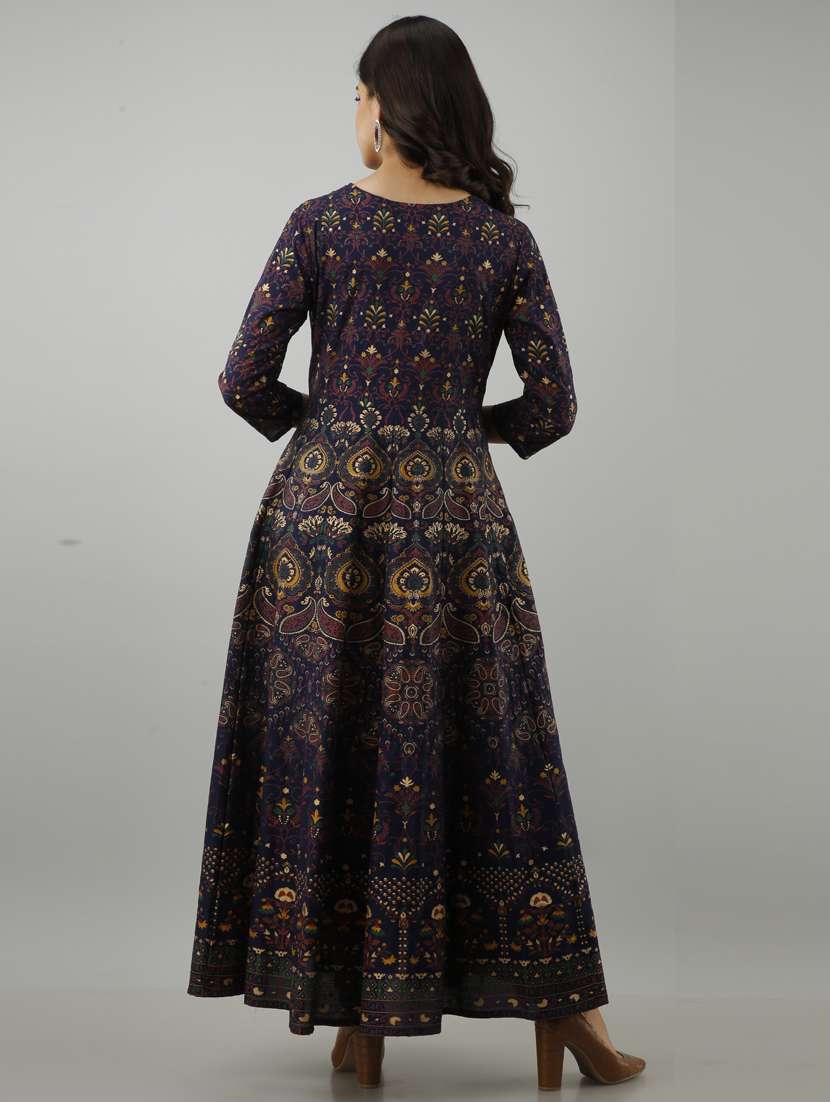 Women Boat Neck Printed Flared Kurta 