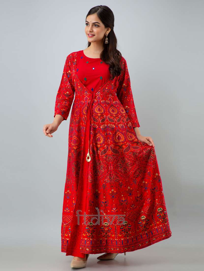 Women Boat Neck Printed Flared Kurta 