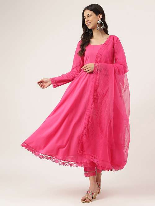 Women Pink Long Sleeve Kurta Pant With Dupatta Set