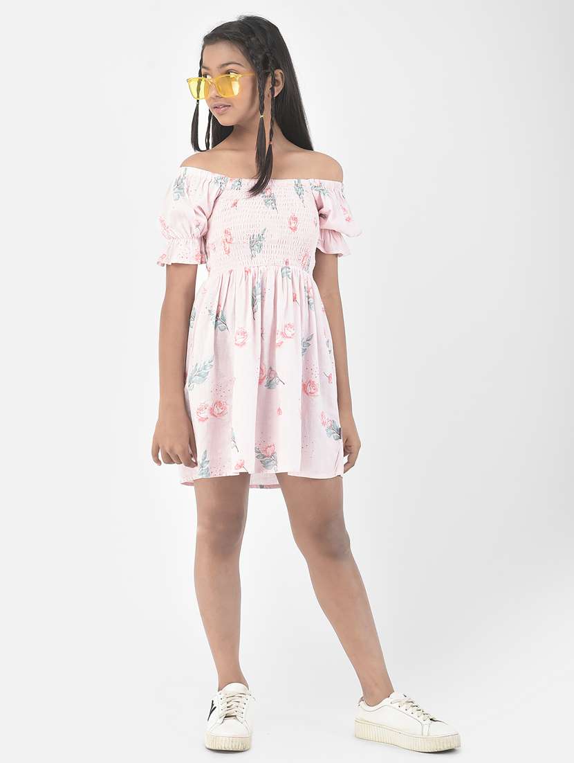 Girls Pink Square Neck Short Sleeves Dress