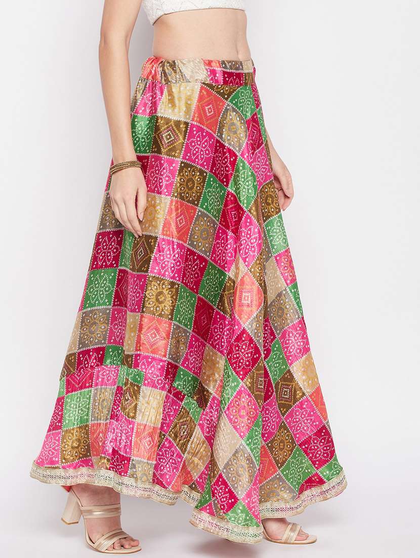 Multi Colored Printed Flared Long Skirt