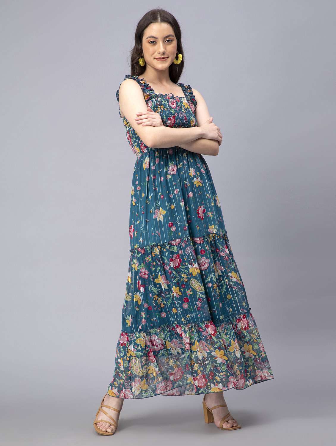 Women Floral Printed Sleeveless Tiered Dress