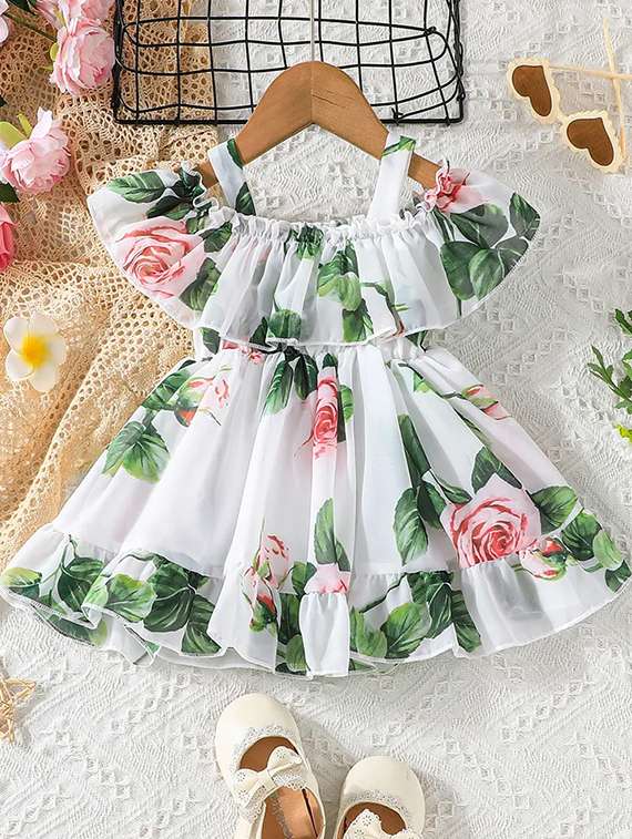 Girls White Floral Printed Cold Shoulder Frock